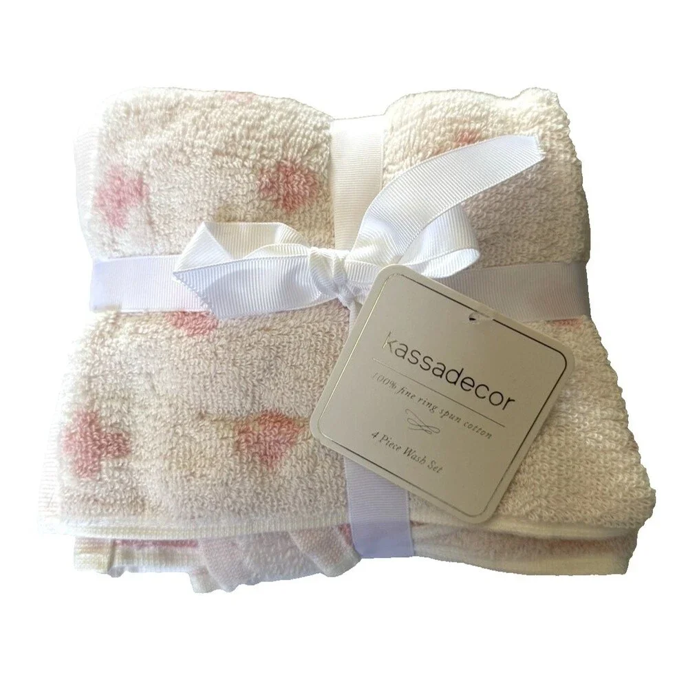Kassdecor Washcloths Set of 4 White Pink Card Suit Hearts Clubs Diamonds Cotton